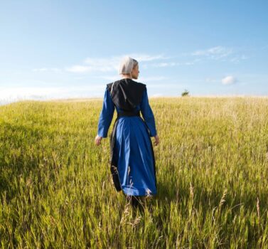 Tours of Lancaster, PA - An Old Order Amish woman in a blue dress and black cape and apron walks in a grassy field on a sunny afternoon
